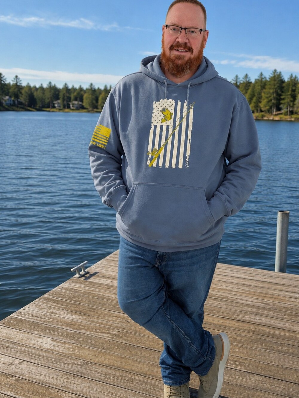 Men's Rugged Legacy Slate Blue Graphic Pullover Hoodie with Yellow Accent